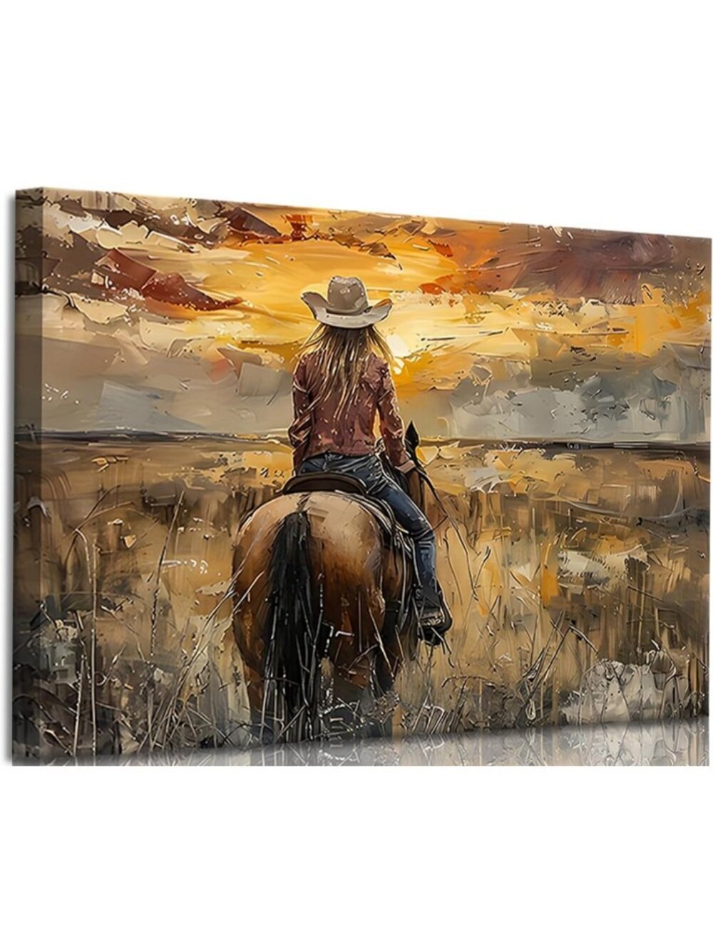 Western Cowgirl Riding Horse Canvas Art - Vintage Sunset Landscape Print for